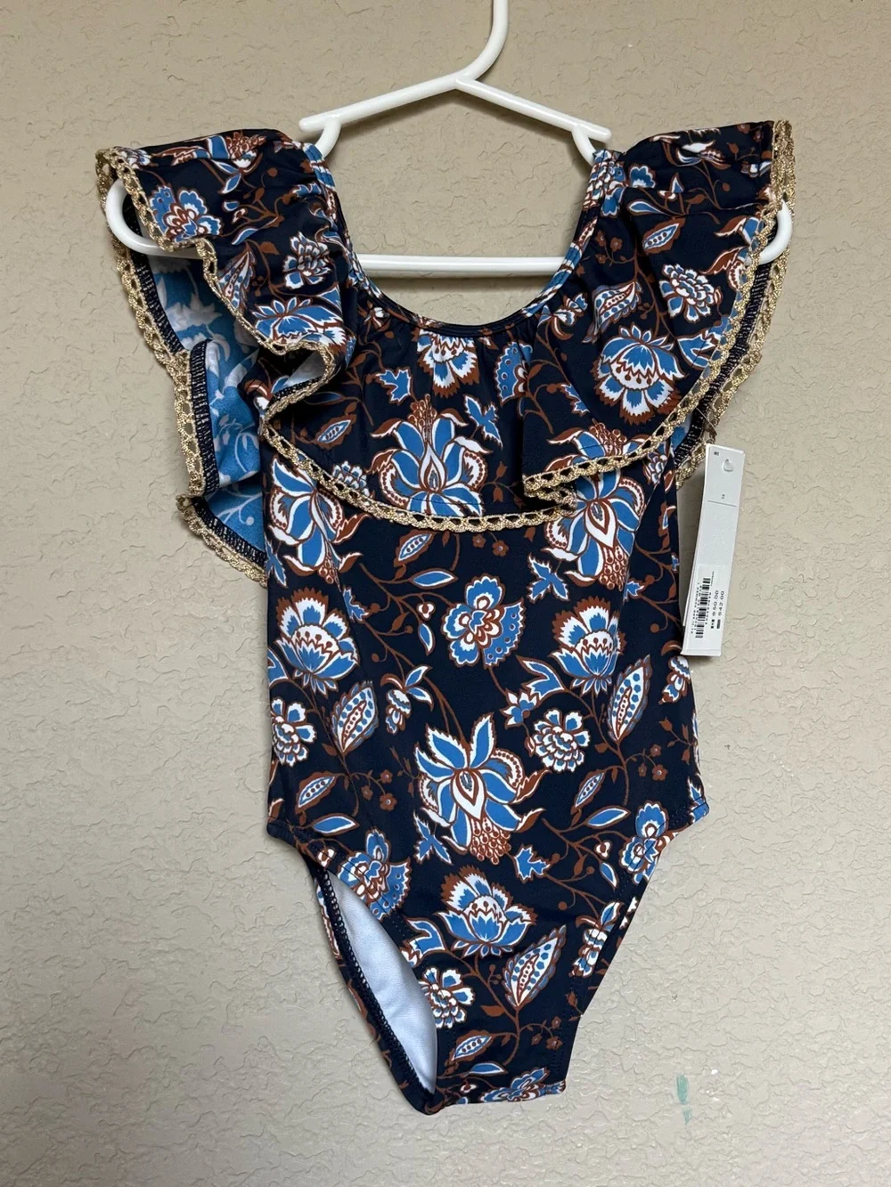 Janie & Jack Girls Navy Floral Ruffle One-Piece Swimsuit